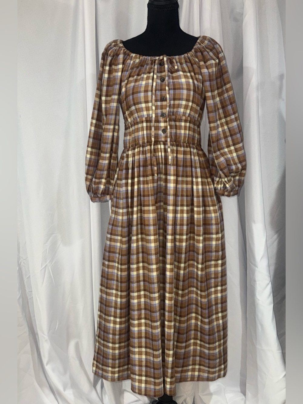 Madewell Brown Plaid Button-Front Long Sleeve Midi Dress